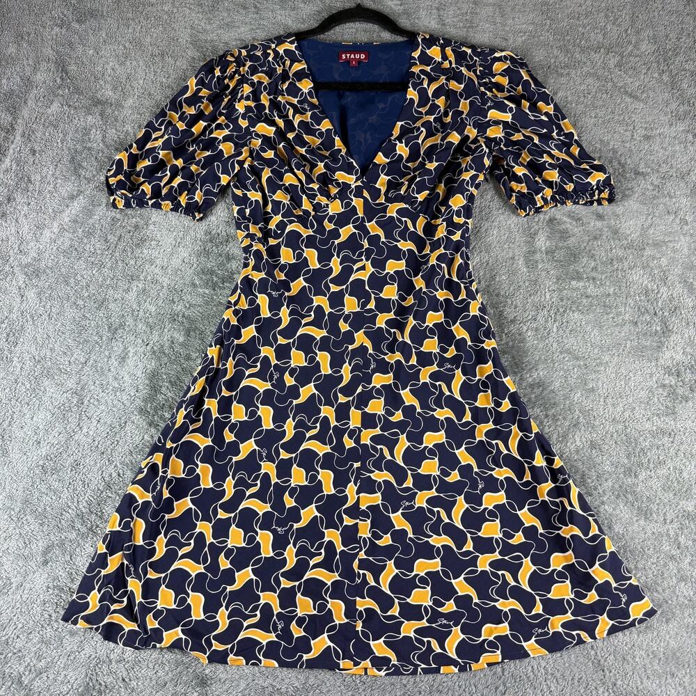 Staud Dress Womens 4 Navy Yellow Abstract Print Short Sleeve Midi‎ Lined
